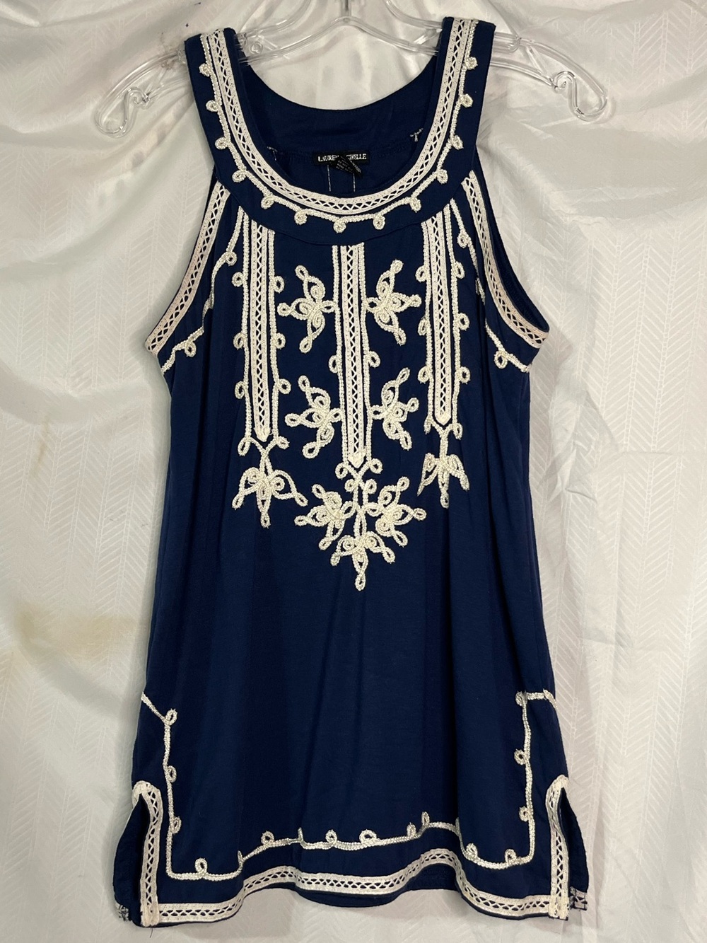 Lauren Michelle Navy Summer Sleeveless Top with White Crochet Trim M